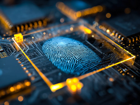 A close-up of a high-tech circuit network with a glowing biometric fingerprint scan symbol,...