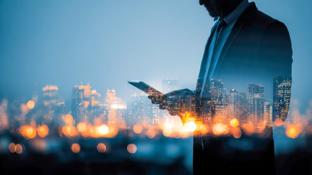 A confident executive engaged with a sleek tablet, illuminated by glowing city lights reflecting a dynamic urban skyline after dark.のeditorial素材