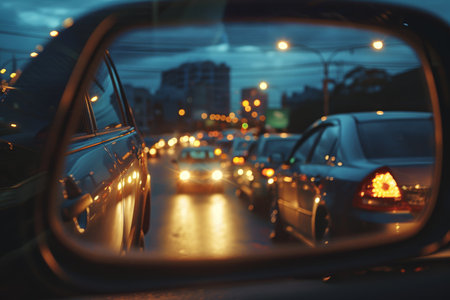 Evening traffic jam with cars queuing, headlights reflecting in rearview mirrorのeditorial素材