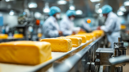 Workers in protective clothing monitor a conveyor belt as blocks of cheese pass through an...