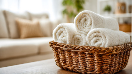 Soft, pristine towels are arranged in perfect rolls in a warm, inviting basket, creating a sense of comfort and relaxation in a welcoming home environment.の写真素材