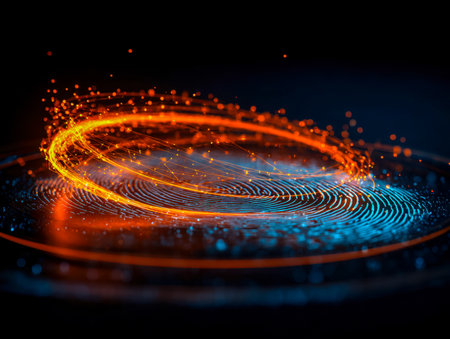 Dynamic streams of luminous orange and blue lights intertwine, forming complex geometric patterns that evoke modern technological networks and digitalの写真素材