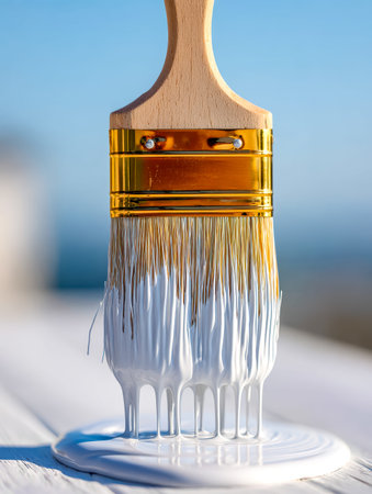 A detailed shot of a paintbrush with cascading white paint, set against a soft, out-of-focus natural...