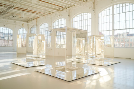 Colorful, sleek acrylic forms with mirror-like surfaces create a contemporary focal point amid an airy, industrial-inspired gallery space.のeditorial素材