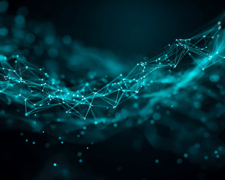 Illuminated data pathways intertwine across a shadowy backdrop, highlighting a complex web of...