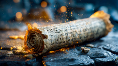 Charred parchment smolders amid rugged stones, fiery remnants highlighting the fragile state of...