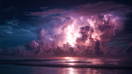 A stunning twilight scene with swirling violet and magenta clouds illuminated by fierce lightning...