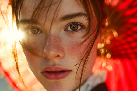 A youthful woman?s gaze draws you in as golden sunset highlights her expressive eyes and sprinkled freckles, framed by striking crimson details.のeditorial素材