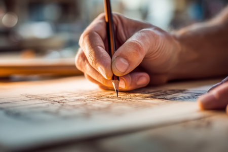 A craftsman's hand delicately outlines intricate building schematics on a textured wooden desk,...