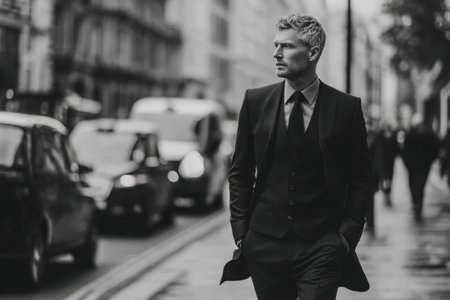 A confident professional strides along an urban avenue, dressed in a sharp, custom-fitted suit that exudes sophistication amid a bustling cityscape.のeditorial素材