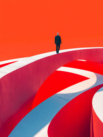 A lone traveler advances along an sleek, arching corridor beneath a fiery sky, evoking a sense of exploration and bold horizons.の写真素材