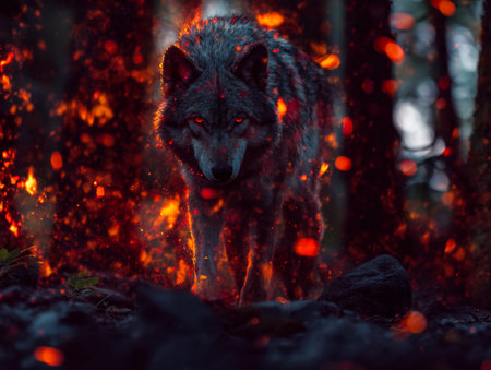 A fierce black wolf strides boldly through a luminous, ember-lit woodland as twilight descends,...