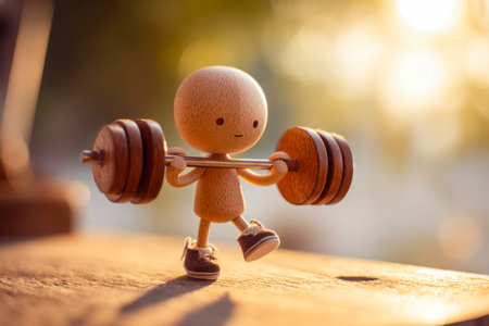 A charming handcrafted wooden sculpture engaged in strength training amidst lush greenery, capturing playful persistence and nature-inspired artistry.の写真素材