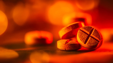 A detailed view of spherical, textured pills set against a soft, amber-hued glow, evoking warmth and inviting a sense of well-being or remedy.の写真素材