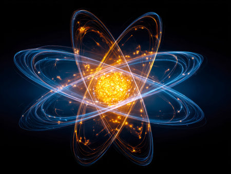 A vibrant, abstract depiction of an atomic structure featuring luminous energy arcs circling a dense...