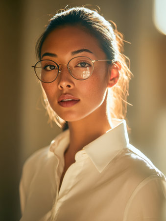 A poised woman with stylish glasses and a crisp white shirt gazes thoughtfully, bathed in gentle daylight that highlights her confident demeanor and warm ambiance.のeditorial素材
