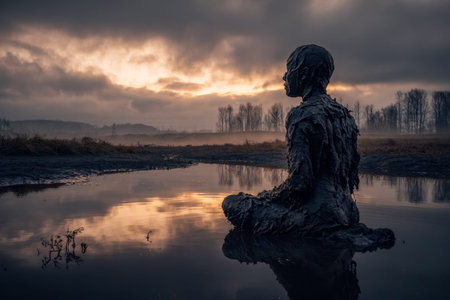 A tranquil sculpture of a seated figure gazes into still waters as the setting sun bathes the scene...