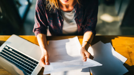 A professional woman concentrates on her paperwork at a cozy wooden desk, illuminated by natural...