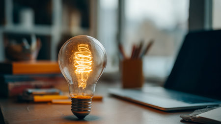 Warm glow from a retro filament bulb casts inviting light over a workspace, featuring scattered...