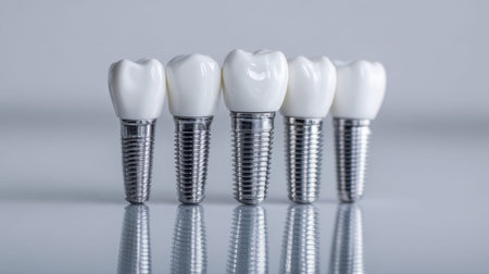Five realistic replica implants with glazed ceramic caps and durable titanium anchors line up on a...