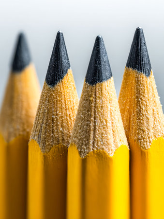 Vibrant yellow pencils with pointed tips and darkened ends sit closely together, their sharpened...