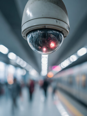 A detailed shot of a sleek security camera overlooking a bustling train hub, with travelers passing...