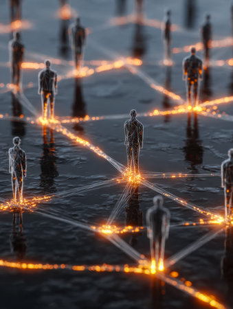 A vibrant web of interconnected human silhouettes highlights global digital communication,...