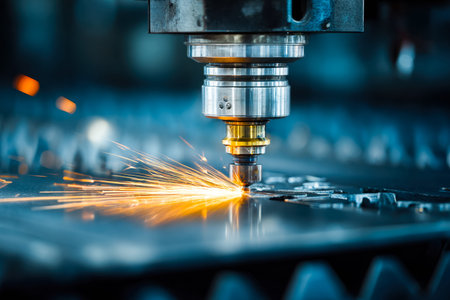 Fine laser beam slices through steel sheets in a high-tech factory, highlighting precision, advanced...