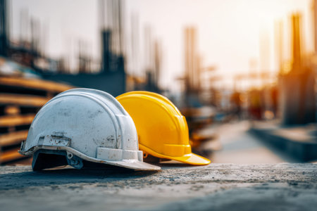 Warm sunset light highlights two safety helmets?white and yellow?placed on a rough concrete surface,...