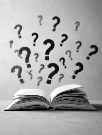 A tablet rests on a desk, with vibrant question marks floating upward, embodied inquisitiveness and...