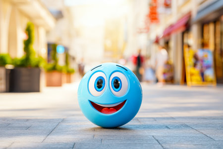 A vibrant blue face with a big smile and lively eyes beams joy amidst bustling city life, adding a cheerful touch to urban scenery.の写真素材