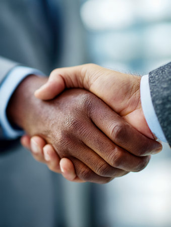 Two well-dressed individuals exchange firm handshakes, capturing a moment of mutual trust and...