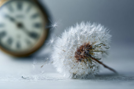 A fragile dandelion disperses tiny seeds as the muted glow of an antique clock drifts softly in the...