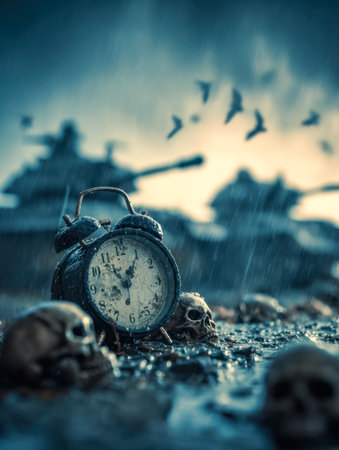 A desolate battlefield veiled in turmoil, where shattered clocks and bleached skulls lie among weathered tanks beneath a tumultuous, darkened sky symbolizing lost erasのeditorial素材