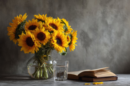 Sunflowers arranged in a clear vase rest beside an open book and a water glass, creating a cozy, inspiring reading nook on a neutral surface.の写真素材