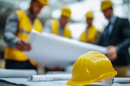 A vibrant yellow helmet rests on detailed construction drawings, while focused workers in robust...