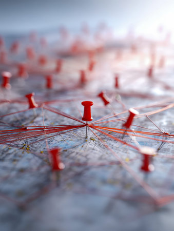 Vivid red markers connected by threads spread across an intricate map, representing coordinated efforts and planning amid a softly blurred background sceneの写真素材