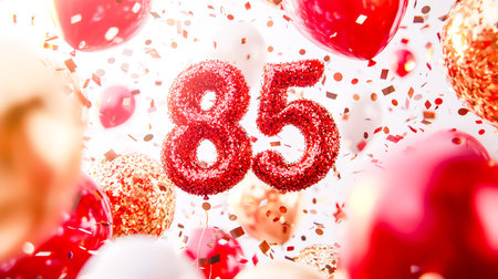 Joyful seniors toast amidst vibrant balloons, shimmering confetti, and a glittering '85', capturing...