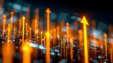 Vibrant illuminated arrows ascend against a dark background, symbolizing progress, innovation, and...