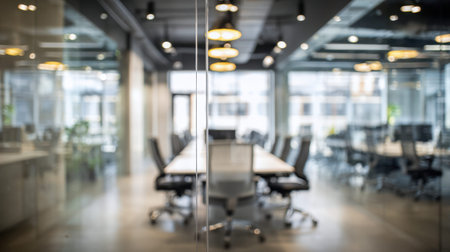 A sleek, sunlit workspace showcasing a spacious meeting zone with transparent walls, stylish...