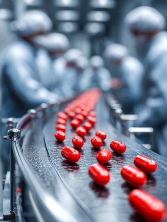 Red capsules moving on a conveyor line in a manufacturing setting, with workers in the background.の写真素材