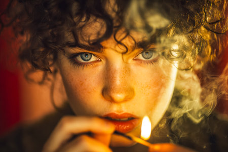 A captivating portrait capturing a youthful individual?s intense gaze, vibrant curls, and the flickering glow of a match, with smoky tendrils swirling around them.のeditorial素材