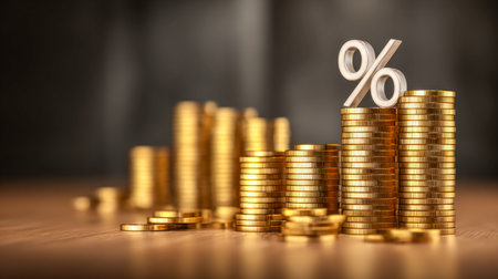 Glimmering gold currency piled high, with a prominent symbol indicating rising profits and economic...
