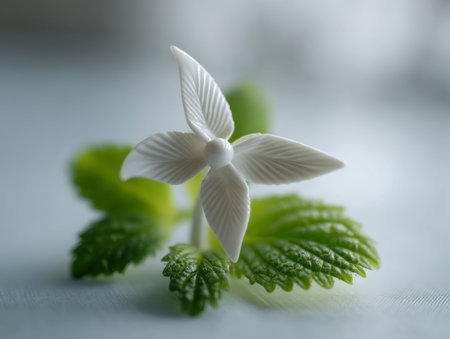 A finely crafted white ceramic bloom, featuring detailed leaf engravings, rests amidst vibrant green...