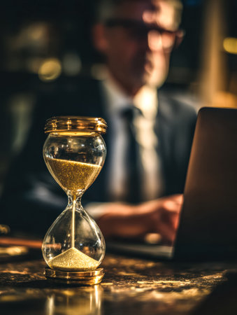 A focused executive navigates deadlines as a sleek laptop and a classic time-measuring device rest on a polished dark wooden surface, symbolizing time management and productivity.の写真素材