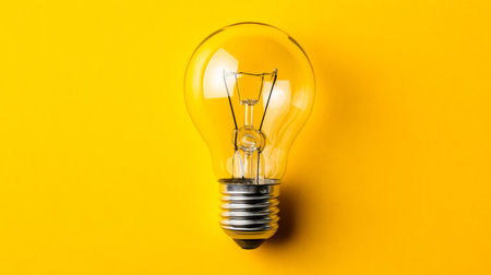 A glowing filament within a vintage-style glass bulb illuminated against a vibrant yellow canvas,...