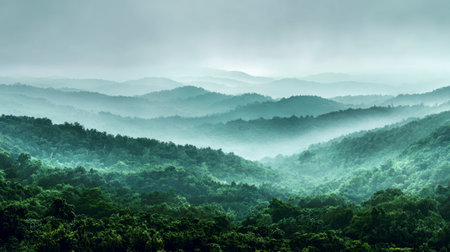 Rolling hills cloaked in gentle fog extend endlessly, their vibrant greenery blending seamlessly beneath a muted, cloud-filled sky, evoking calm and natural harmony.の写真素材