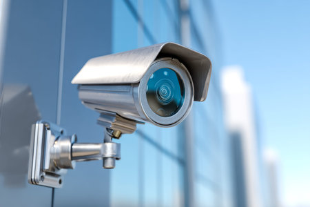 A sleek, contemporary camera system is fixed to a building's exterior, capturing urban broad scenes...
