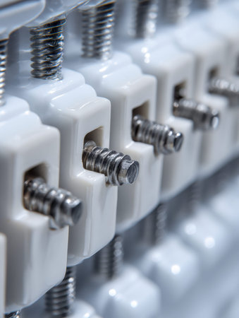 An intricate lineup of ceramic and metal electrical connectors highlights precise wiring and...