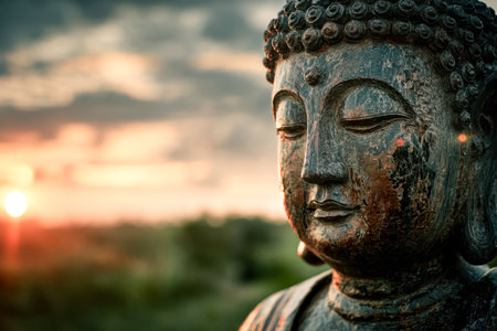 A peaceful, weathered Buddha statue gazes softly as the sun dips below the horizon, illuminating the tranquil aura of timeless serenity.の写真素材